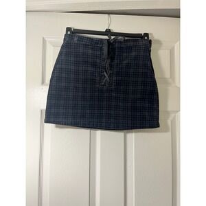 SO Navy Black Plaid Corduroy Lace Up High Rise Mini Skirt Size 3/26W